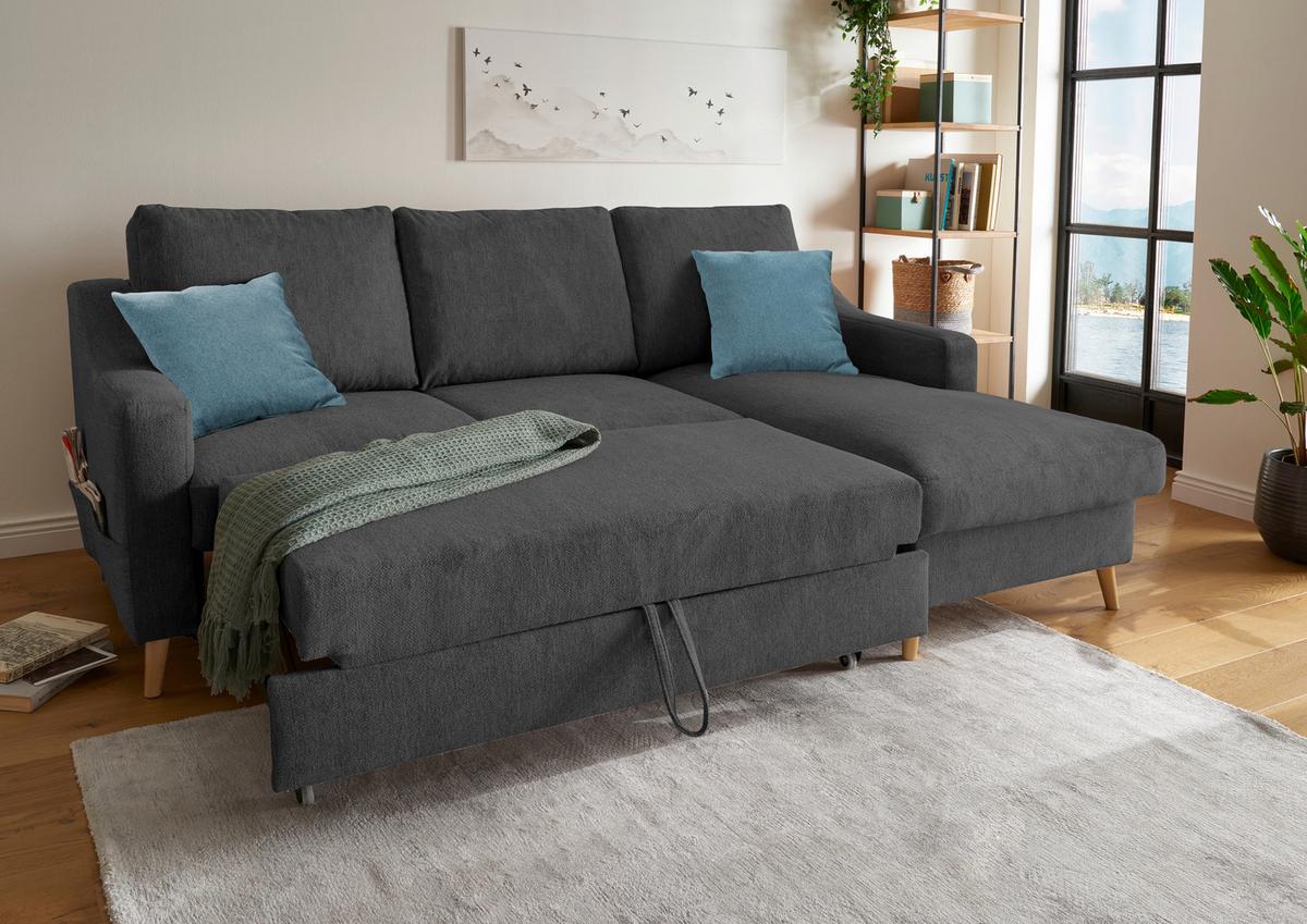 Wohnlandschaft Valentina Schwarz Mikrofaser - Blau/Schwarz, Design, Holz/Textil (228/150cm) - MID.YOU