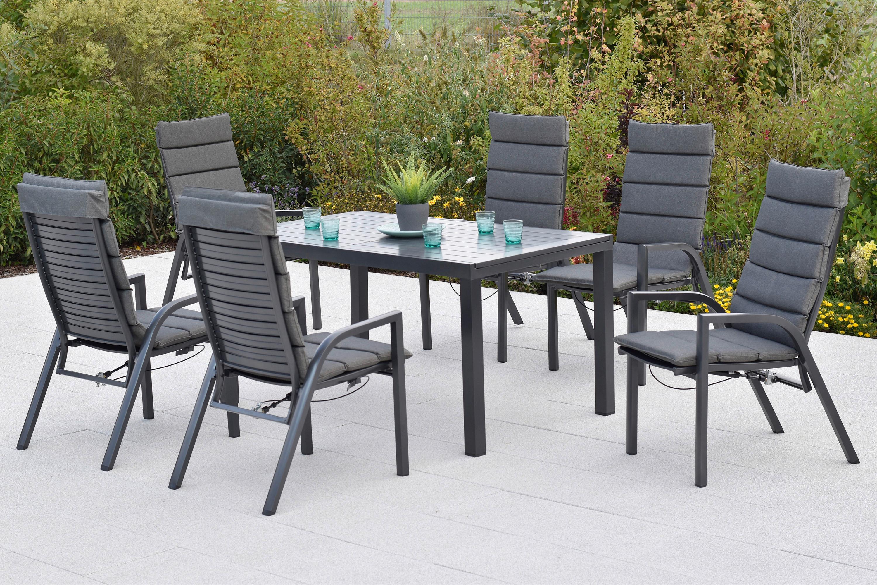 Gartentischgruppe Siros 7-tlg. Graphitfarben - Graphitfarben, KONVENTIONELL, Textil/Metall - Gardenson