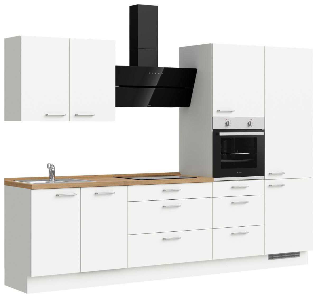 Küchenblock Touch High m. Geräten Weiß - Edelstahlfarben/Eichefarben, MODERN, Holzwerkstoff/Metall (300cm) - Nobilia