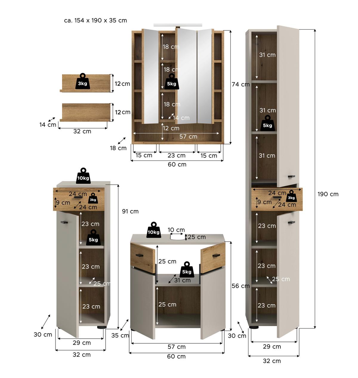 Badezimmer Aqua Eichefarben/Kaschmir 5-teilig - Kaschmir/Eichefarben, Trend, Glas/Holzwerkstoff (124cm) - MID.YOU