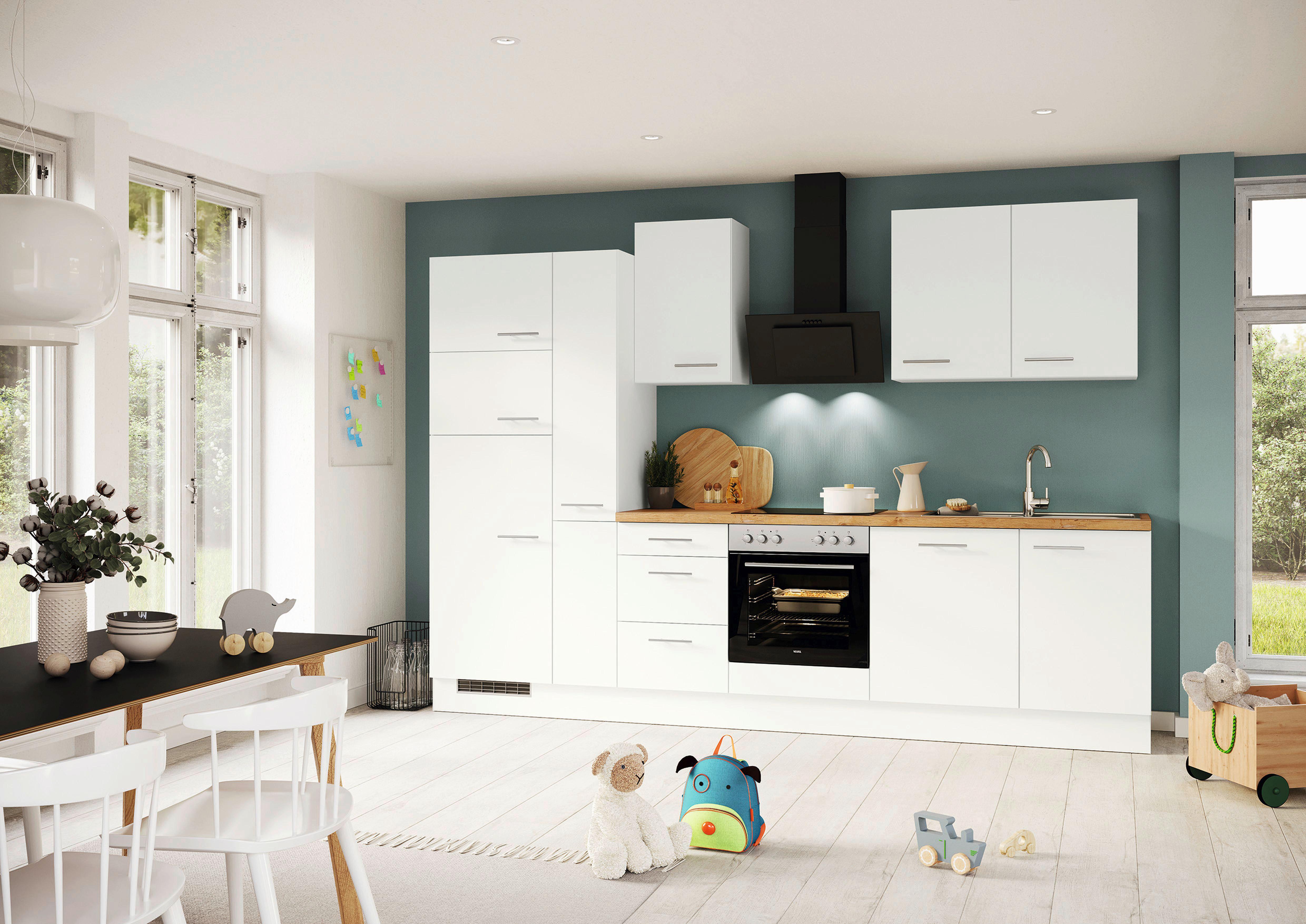 Küchenblock inkl. 5 E-Geräte IP1200 Weiß - Eichefarben/Silberfarben, Trend, Holzwerkstoff/Metall (310cm) - Impuls