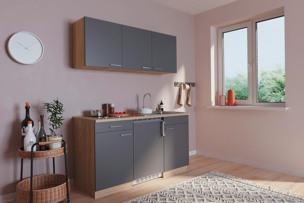Miniküche Economy m. Geräten B: ca. 150cm Grau/Eichefarben - Eichefarben/Grau, Basics, Holzwerkstoff (150cm) - Respekta