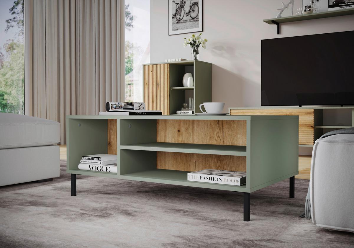 Măsuță de cafea POZZI - culoare lemn stejar/negru, Trend, metal/material pe bază de lemn (100/41,2/60cm) - Modern Living