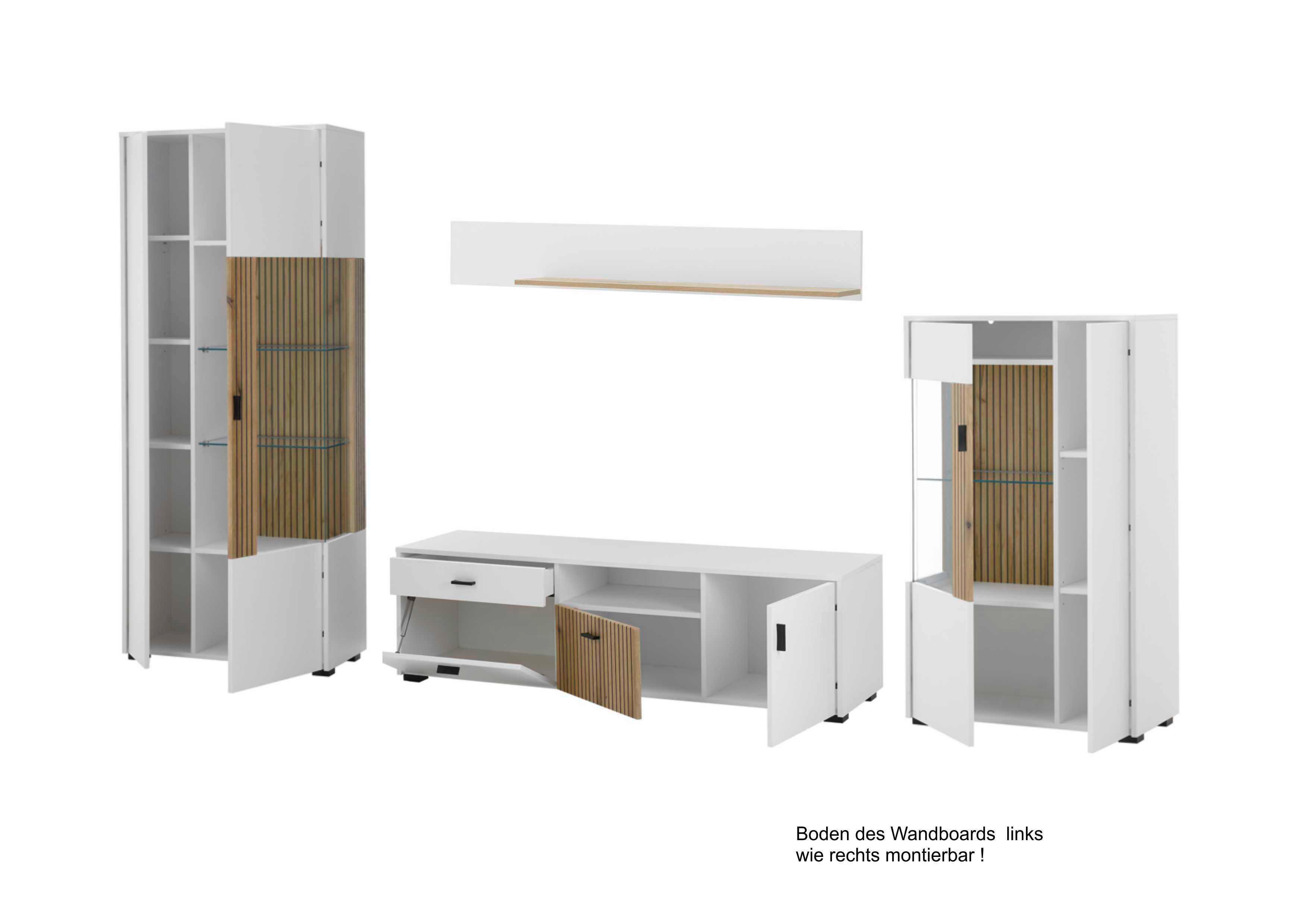Wohnwand Hudson Weiß/Eichefarben - Eichefarben/Schwarz, Design, Glas/Holzwerkstoff (320/180/42cm) - MID.YOU