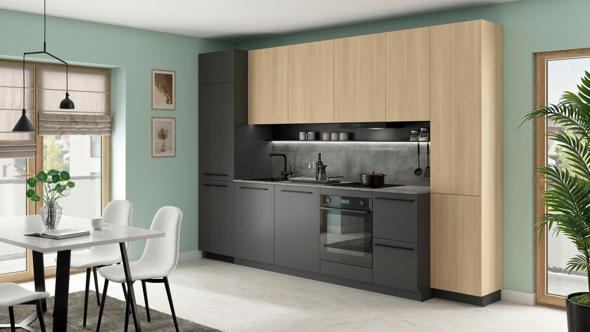 Bucatarie standard MILINO - culoare lemn stejar/grafit, Basics, material pe bază de lemn (330/230/60cm) - Visiona