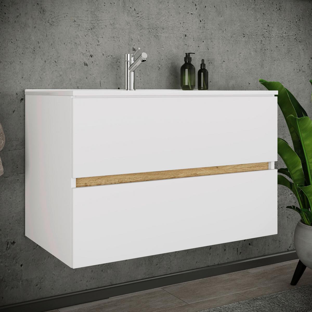 Badezimmer Cosila - Honigeiche/Weiss, Trend, Keramik/Holzwerkstoff (81/51/47cm) - MID.YOU