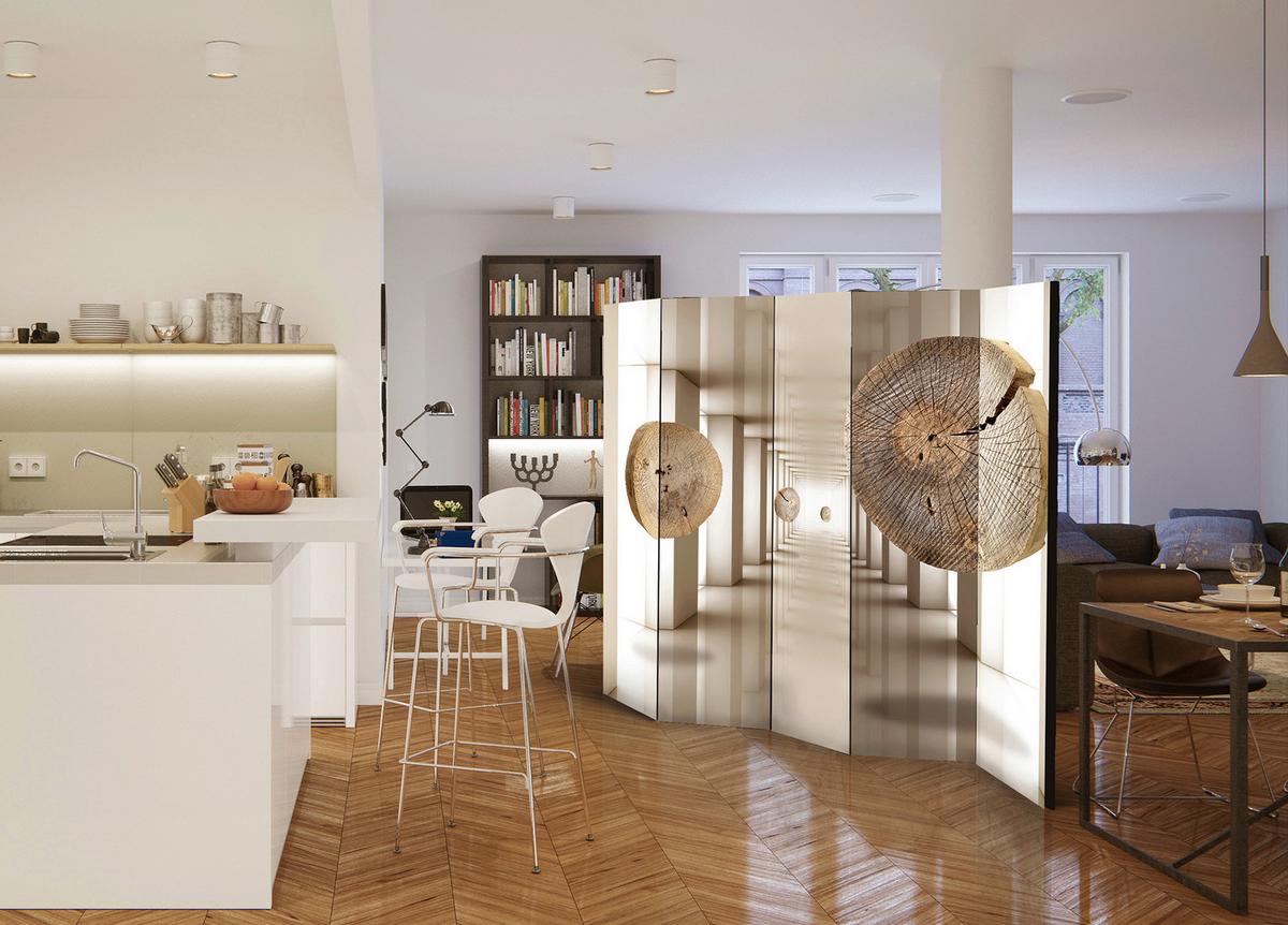 Paravan Futuristic Forest I, 5-Delni, Dvostranski - krem barve/bež, Basics, tekstil/les (225/172/3cm) - artgeist