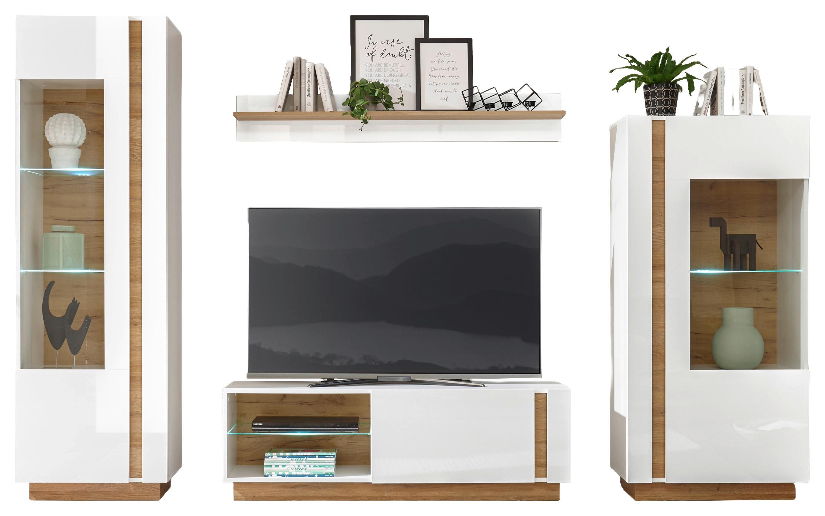 Wohnwand Clair Weiß/Eichefarben - Eichefarben/Weiß, Design, Glas/Holzwerkstoff (290/194/40cm) - MID.YOU