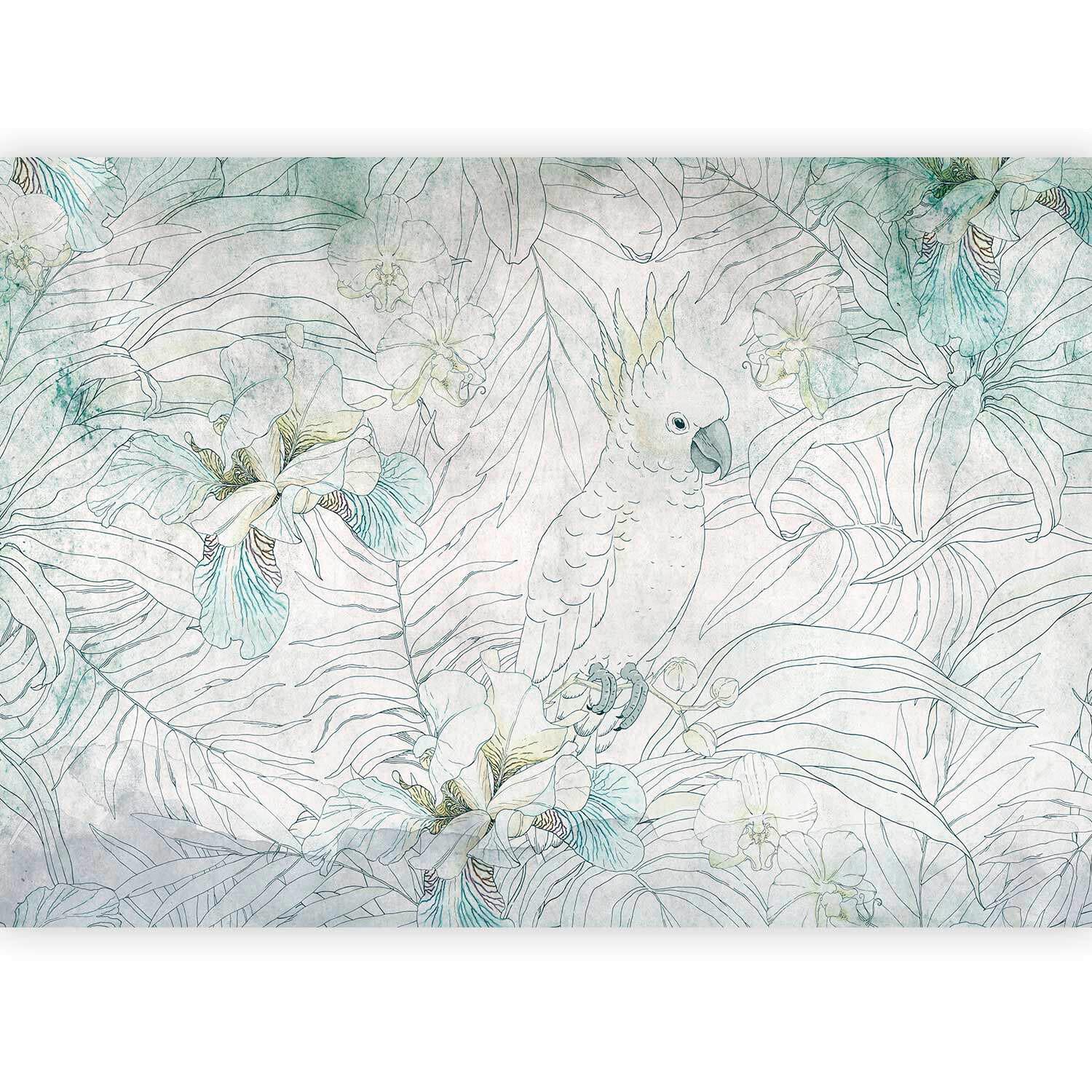 Fototapeta Cockatoo In The Garden, 400x280cm - zelena/svetlo siva, Trendi, tekstil (400/280cm) - artgeist