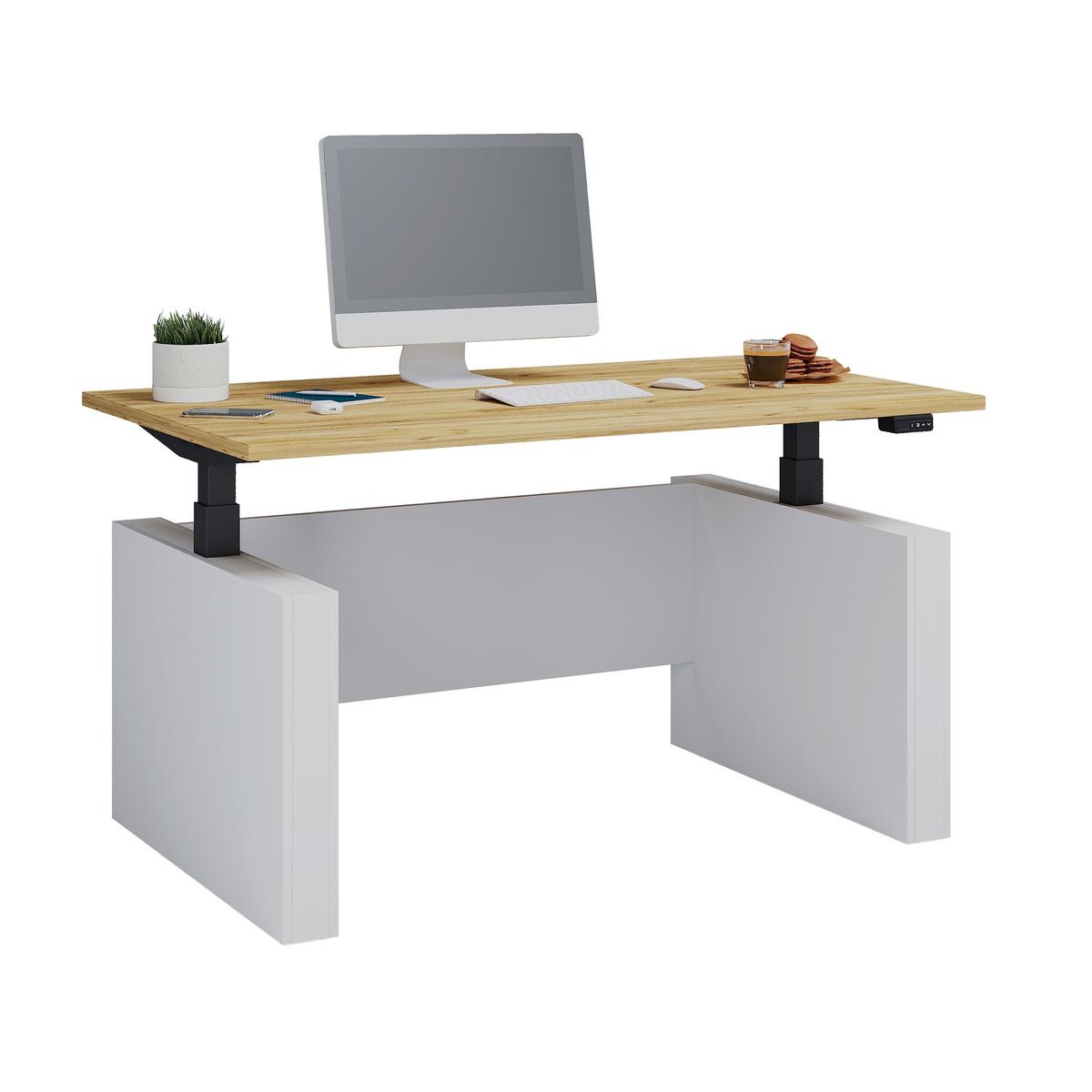 Schreibtisch E-Salia - Honigeiche/Weiss, Konventionell, Holzwerkstoff/Metall (138/80/73-122cm) - MID.YOU