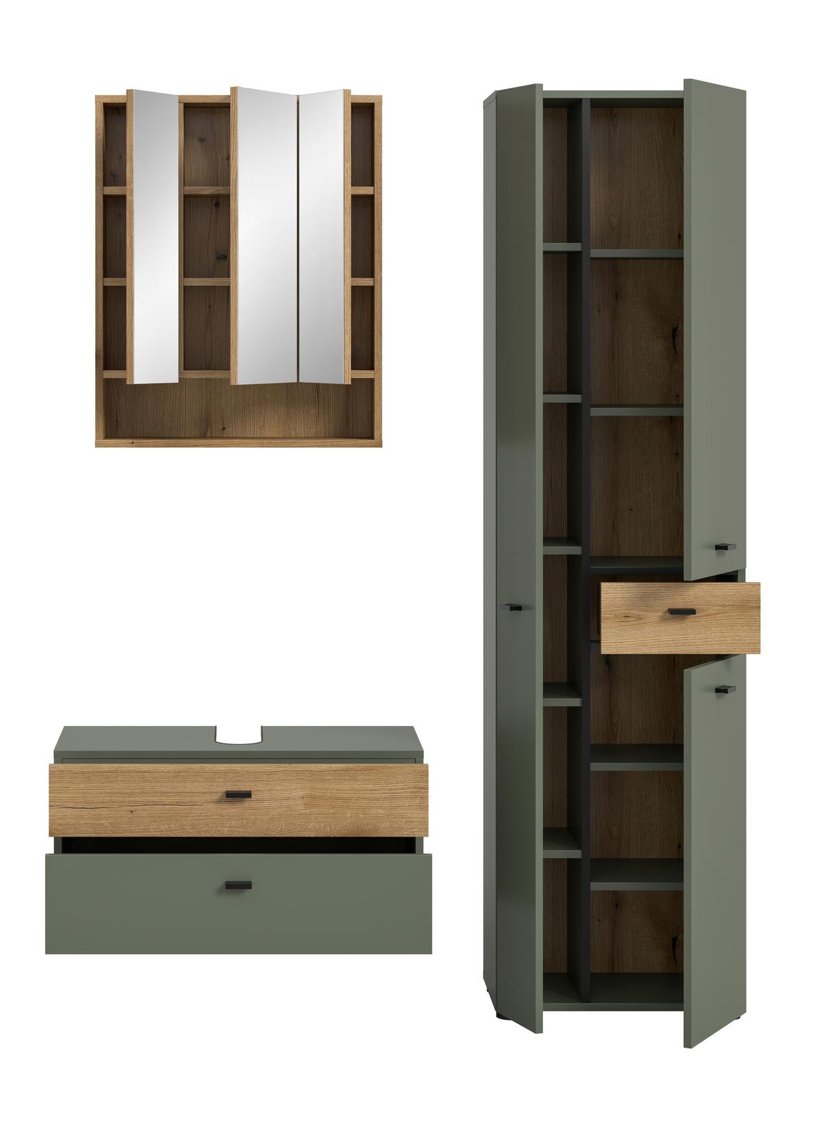 Badezimmer AQUA Grün, Eichefarben 3-teilig - Eichefarben/Schwarz, Trend, Glas/Holzwerkstoff (126cm) - MID.YOU