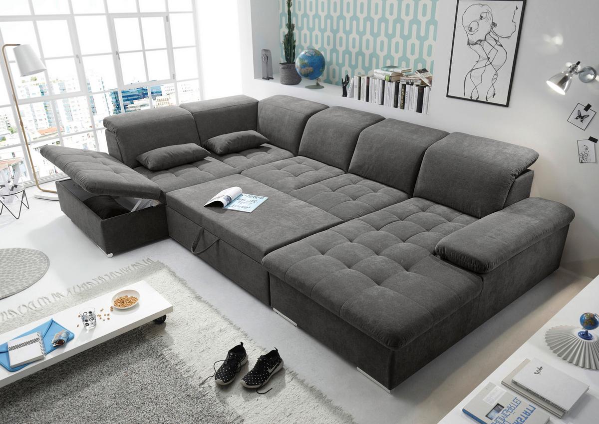 Wohnlandschaft Wayne U inkl. Kissen Dunkelgrau - Dunkelgrau/Silberfarben, KONVENTIONELL, Kunststoff/Textil (240/340/188cm) - MID.YOU