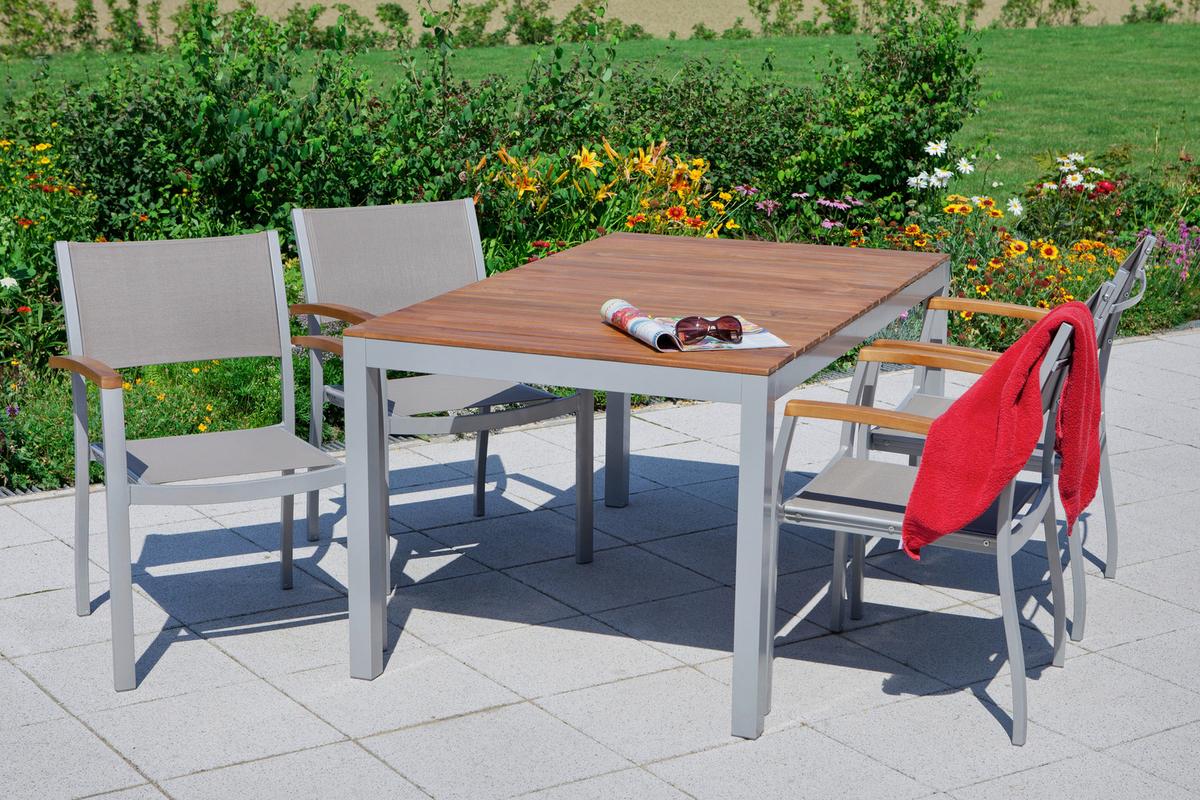 Gartentischgruppe "Naxos" 5-tlg. Grau/Akaziefarben - Silberfarben/Grau, ROMANTIK / LANDHAUS, Holz/Textil (150/90/74cm) - Gardenson