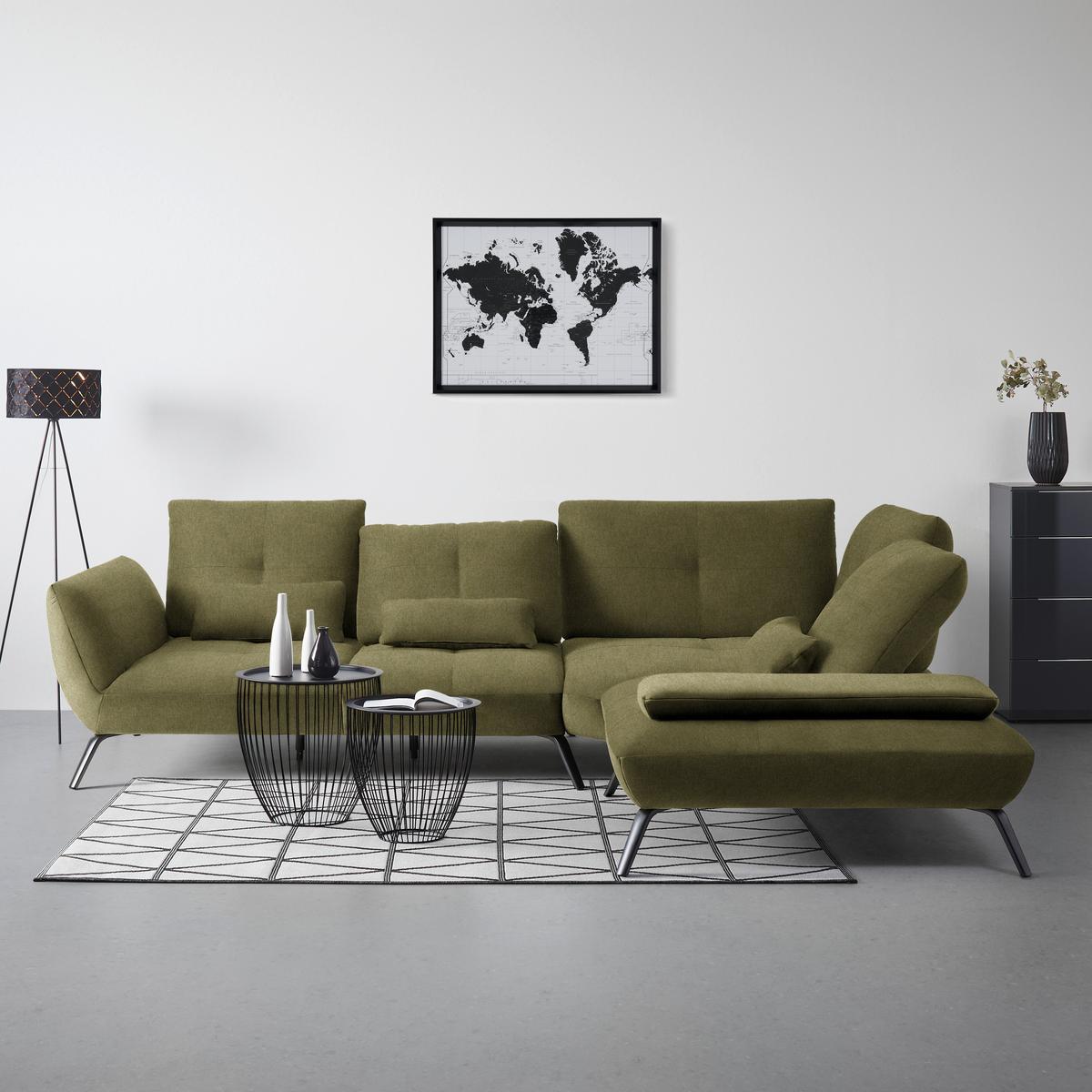 Wohnlandschaft Trendy Olivgrün - Schwarz/Olivgrün, Modern, Holzwerkstoff/Textil (310/93/250cm) - Premium Living