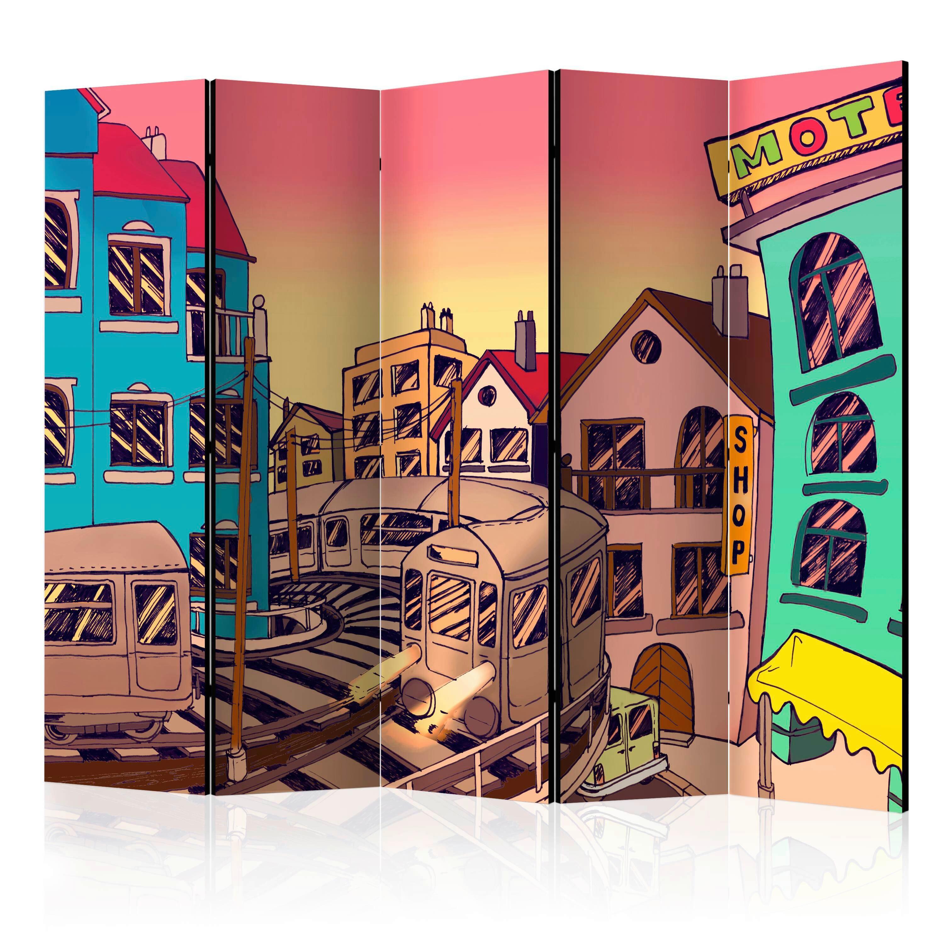 Paravan Morning In A City I, 5-Delni, Dvostranski - rumena/pink, Basics, tekstil/les (225/172/3cm) - artgeist