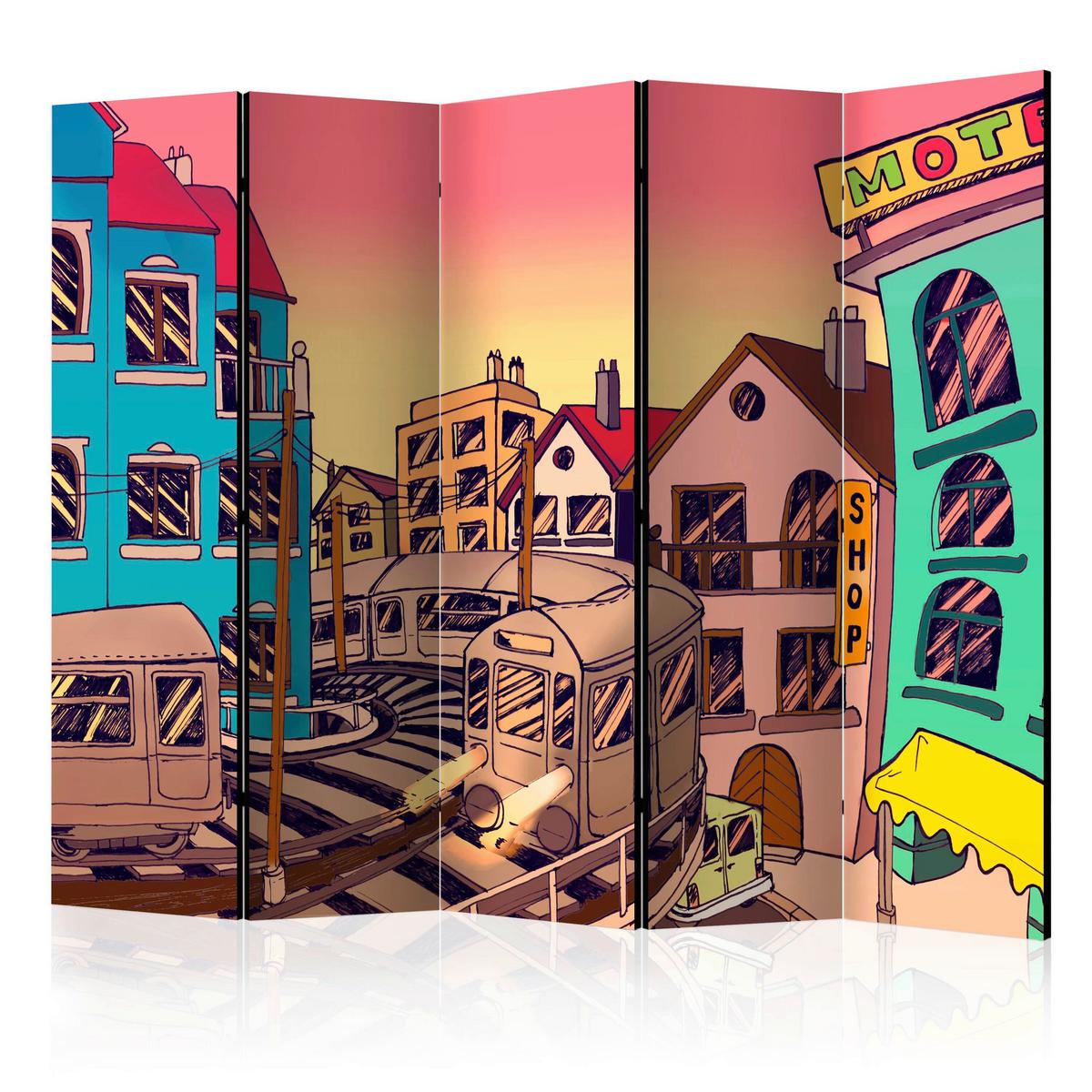 Paravan Morning In A City I, 5-Delni, Dvostranski - rumena/pink, Basics, tekstil/les (225/172/3cm) - artgeist