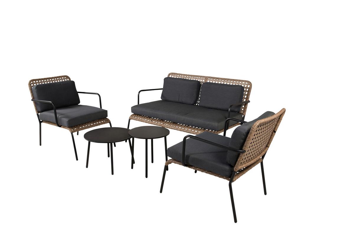 Loungegarnitur Paola 5-tlg. Rattan geflecht - Dunkelgrau/Schwarz, KONVENTIONELL, Naturmaterialien/Holz - Gardenson