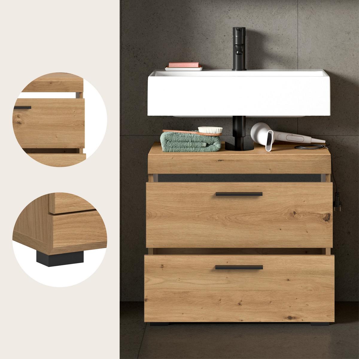 Waschbeckenunterschrank Scout Eiche Artisan - Schwarz/Eiche Artisan, Trend, Holzwerkstoff/Kunststoff (60/56/34cm) - MID.YOU