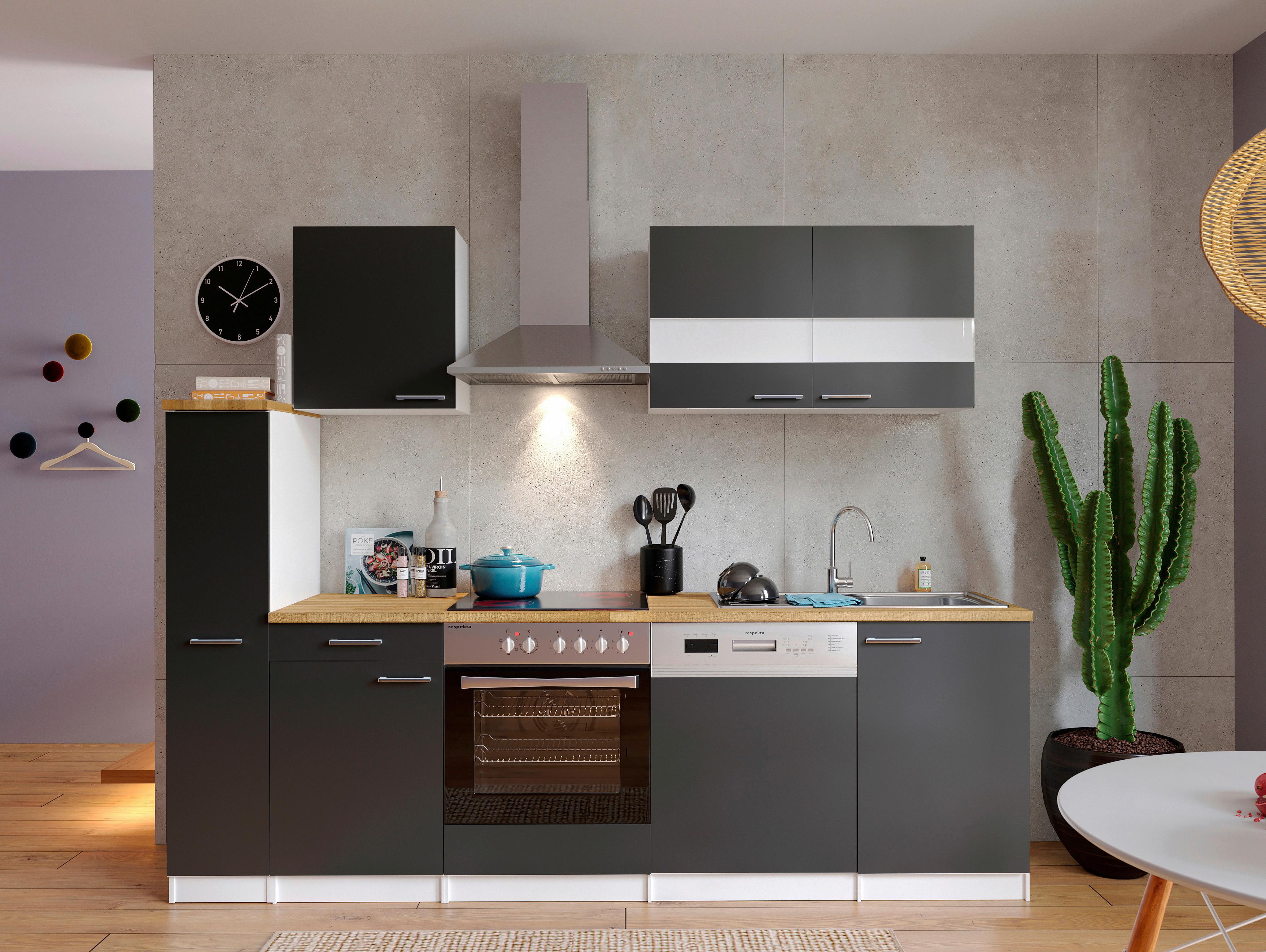Küchenzeile Economy m. Geräten Grau/Nussbaum B: ca. 250 cm - Edelstahlfarben/Nussbaumfarben, Basics, Holzwerkstoff/Metall (250cm) - Respekta