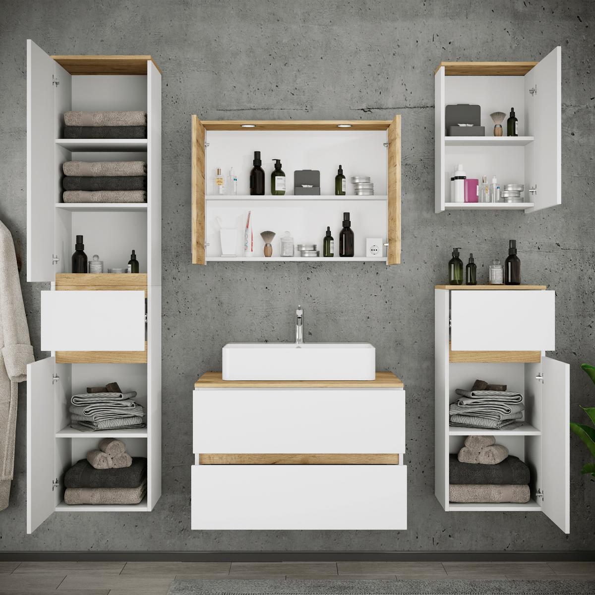 Badezimmer Cosila - Honigeiche/Weiss, Trend, Keramik/Holzwerkstoff (160cm) - MID.YOU