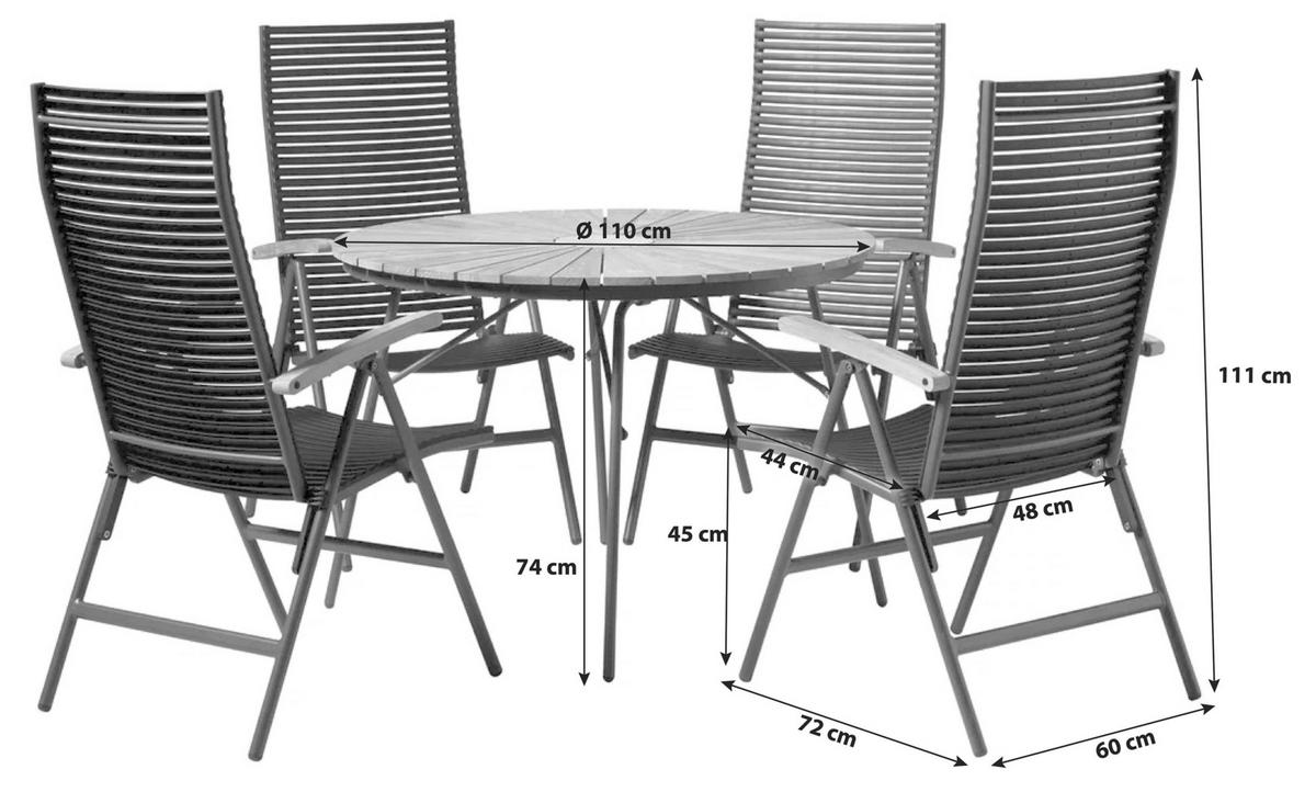 Gartentischgruppe Ellen Anthrazit/Teak 5-tlg. - Anthrazit/Schwarz, Natur, Holz/Kunststoff - Gardenson