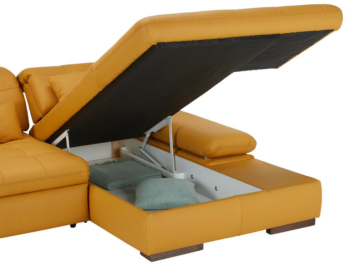 Ledersofa in Gelb mit Bettfunktion - Currygelb/Chromfarben, Konventionell, Leder/Metall (305/199cm) - Premium Living