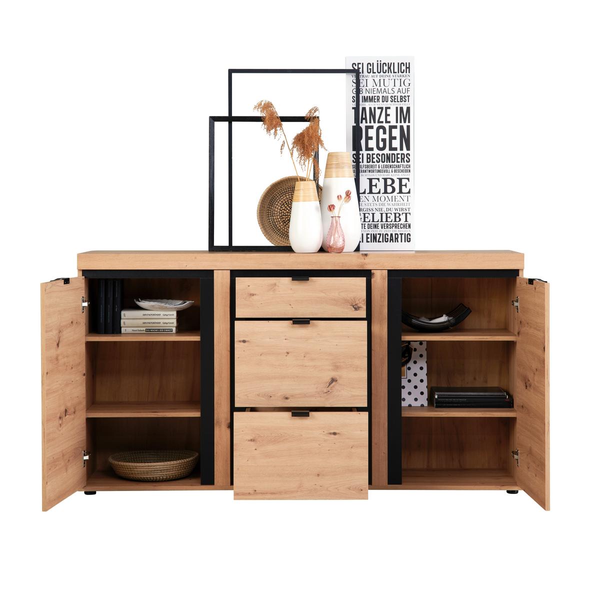 Comodă cu uși NYON - culoare lemn stejar/negru, Modern, material pe bază de lemn (167,3/90,9/40,5cm) - Modern Living