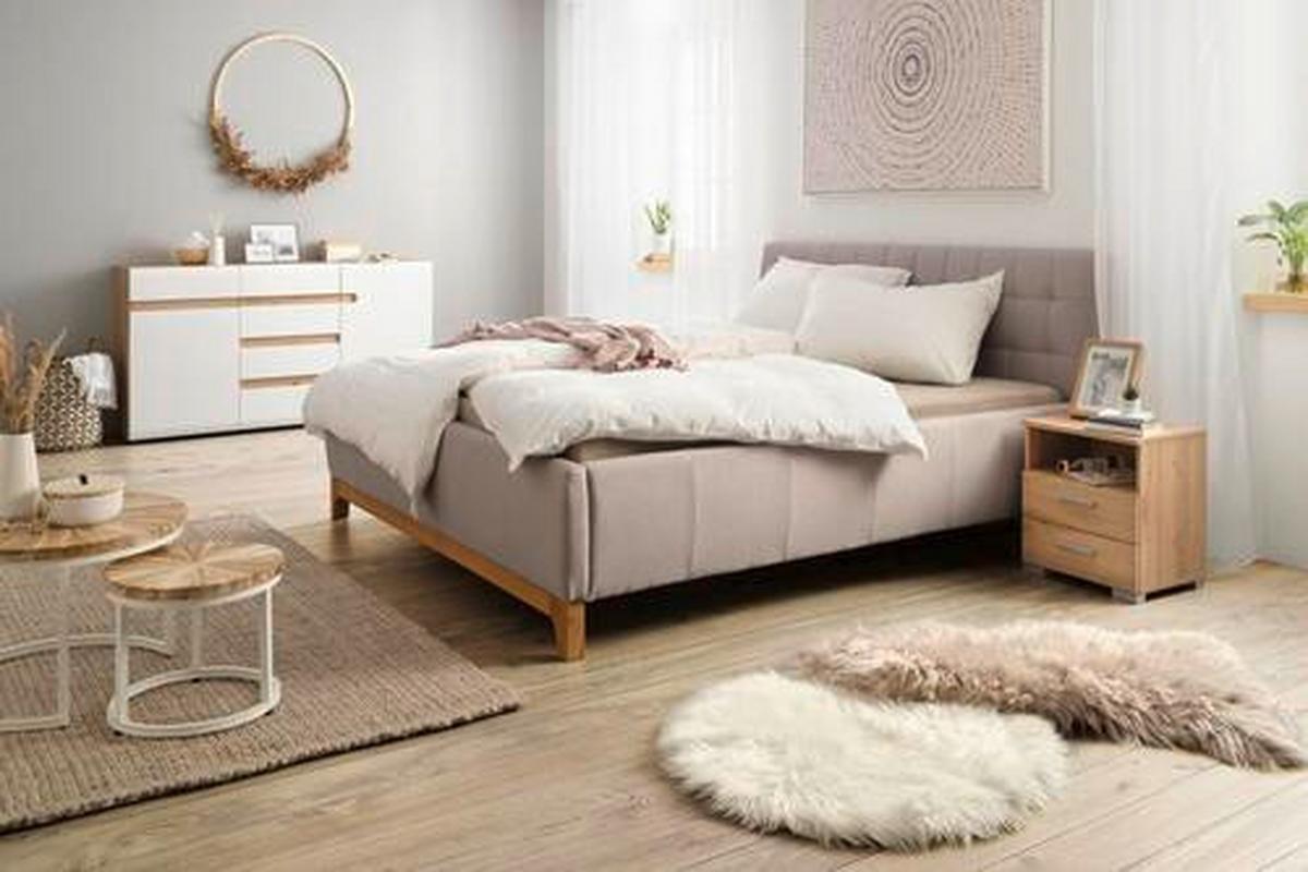 Bett aus Wildeiche ca. 140x200cm - Hellgrau, Konventionell, Holz/Textil (140/200cm) - Zandiara