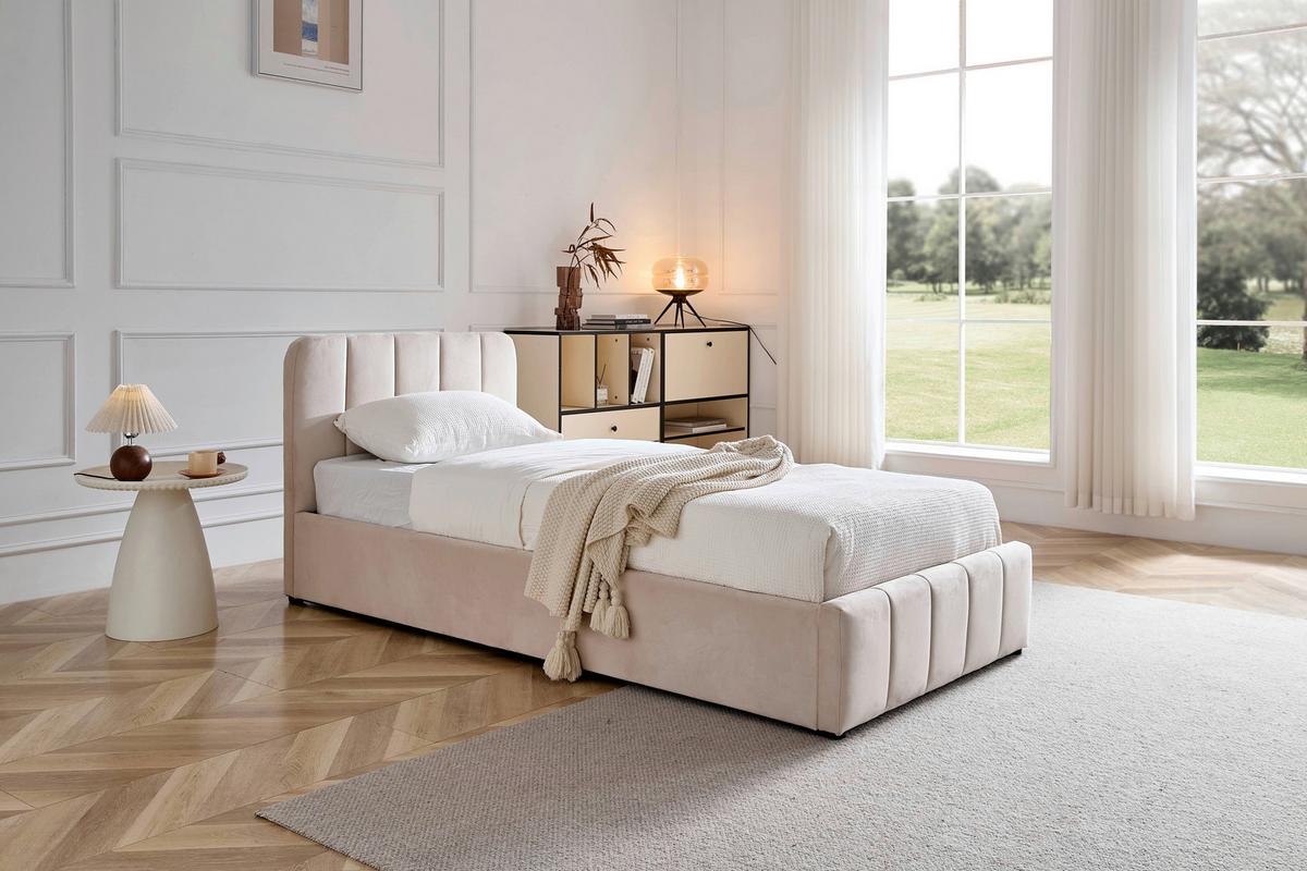 ŁÓŻKO TAPICEROWANE GISELLA - beżowy/kolor naturalny, Design, tworzywo sztuczne/drewno (90/200cm) - Boxxx