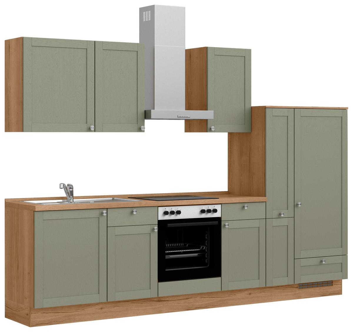 Küchenleerblock Frame Low o. Geräte Olivgrün - Edelstahlfarben/Eichefarben, MODERN, Holzwerkstoff/Metall (300cm) - Nobilia