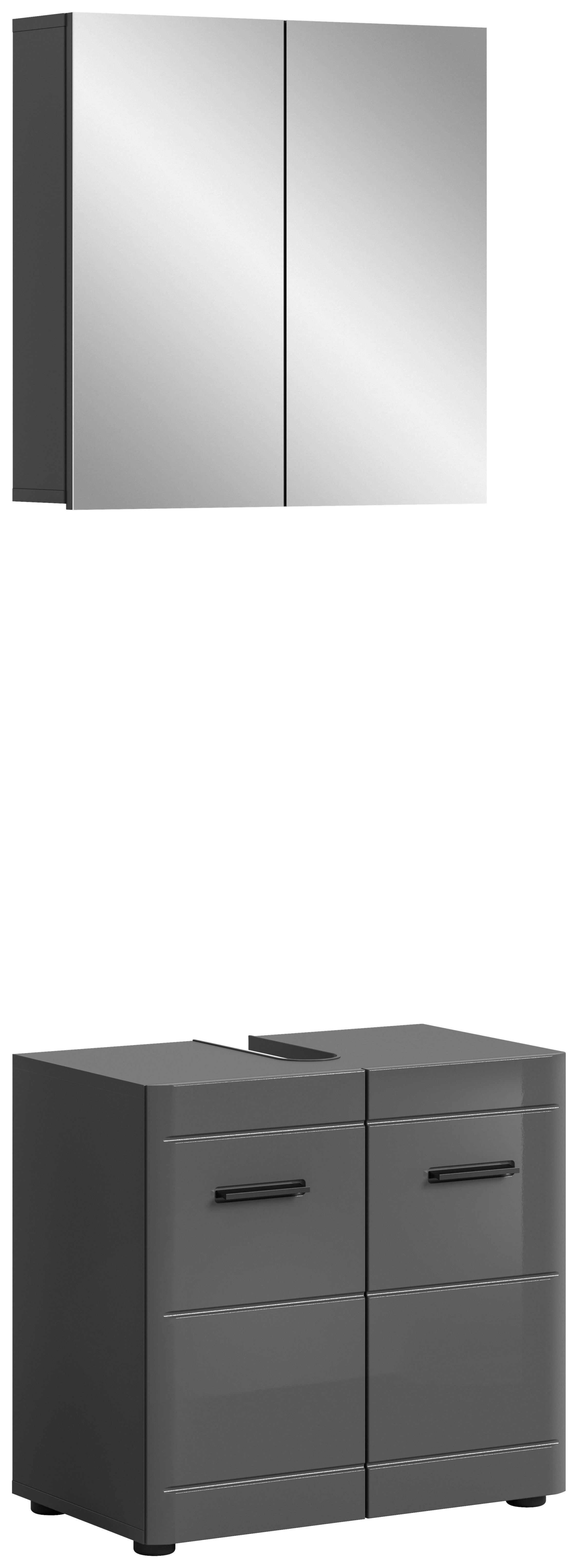 Badezimmer Soft 2-tlg. ca. 60 cm Grau hochglanz - Grau Hochglanz/Schwarz, MODERN, Holzwerkstoff/Kunststoff (60cm) - MID.YOU