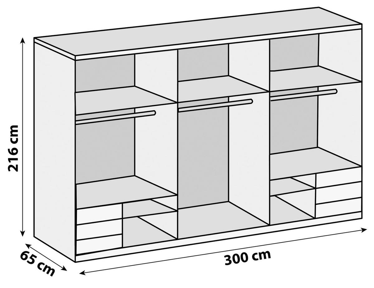 Schwebetürenschrank Level 36D Weiß/Eiche ca. 300x216x65 cm - Chromfarben/Weiß Hochglanz, MODERN, Holzwerkstoff/Metall (300/216/65cm) - MID.YOU