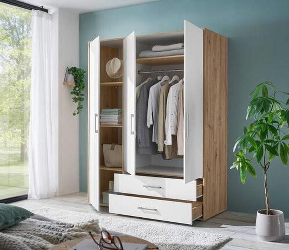 Kleiderschrank Lembo Weiß/Eiche Artisan - Alufarben/Weiß, KONVENTIONELL, Holzwerkstoff/Kunststoff (155/195/60cm) - Based