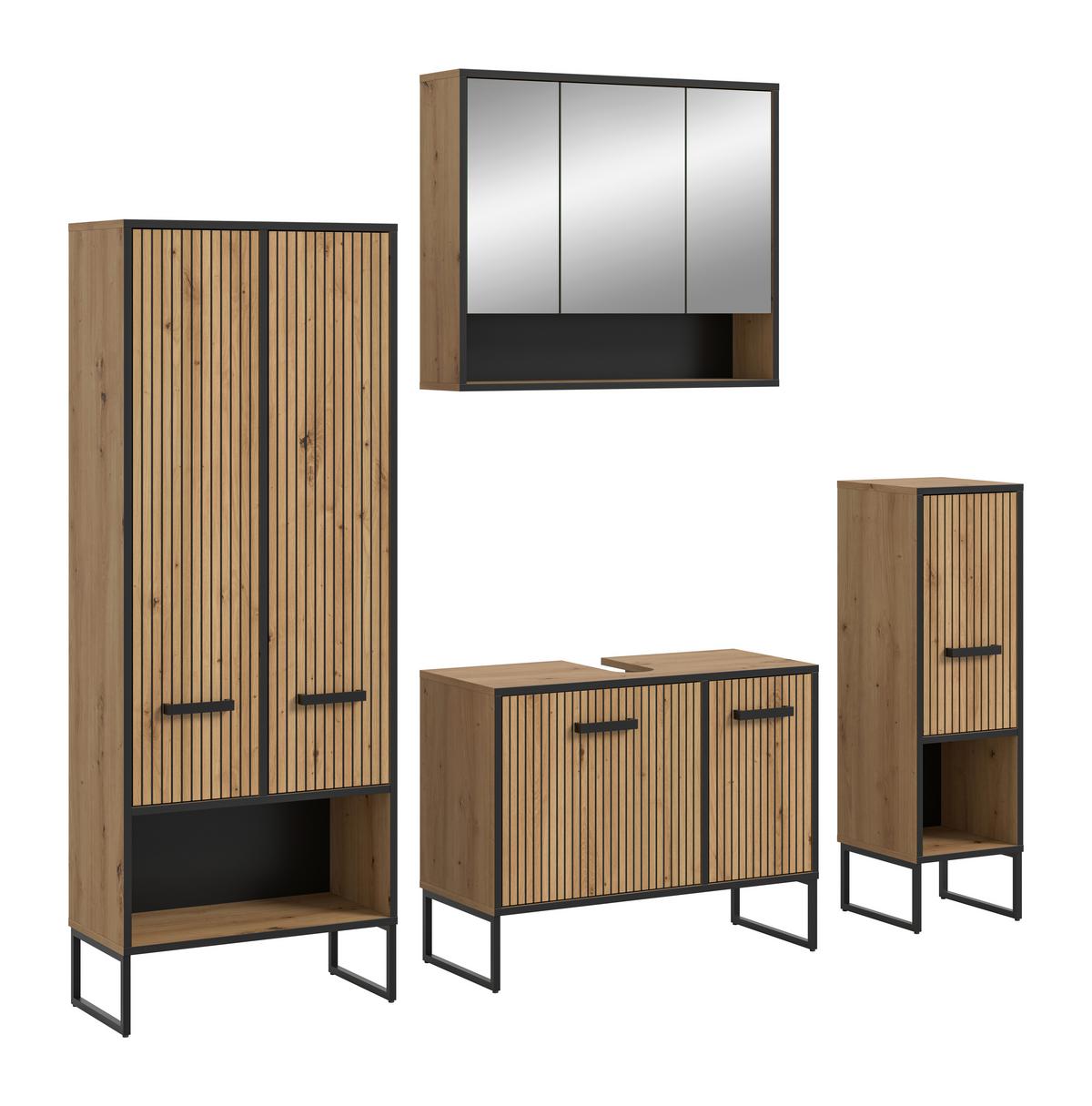 Badezimmer Bagno 4-tlg. Eiche Artisan/Schwarz - Schwarz/Eiche Artisan, Trend, Glas/Holzwerkstoff (169cm) - MID.YOU