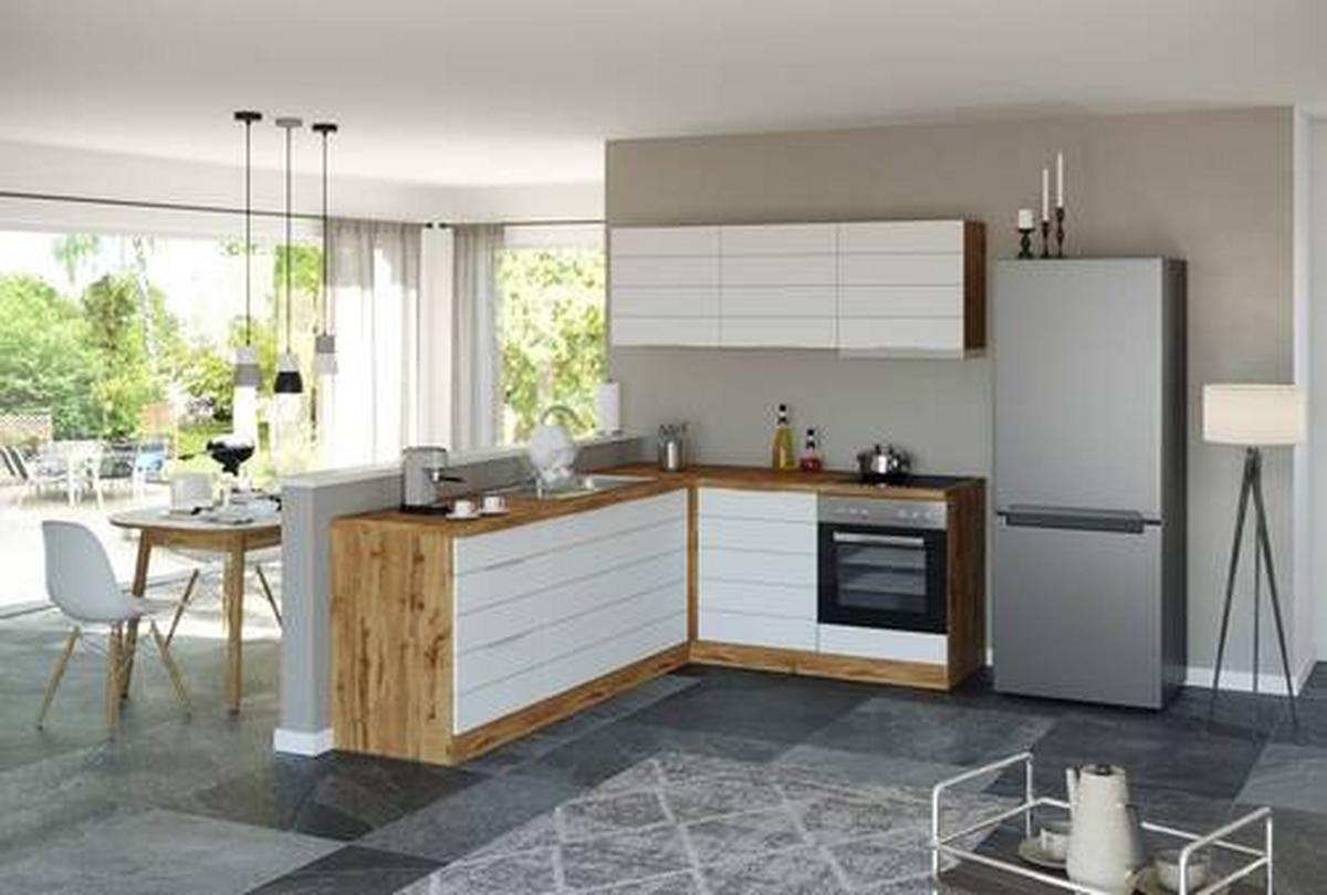 Eckküche Florenz mit Geräte ca. 240x180 cm Weiß/Eiche - Eiche Wotan/Weiß, Design, Holzwerkstoff/Metall (240/180cm) - Held