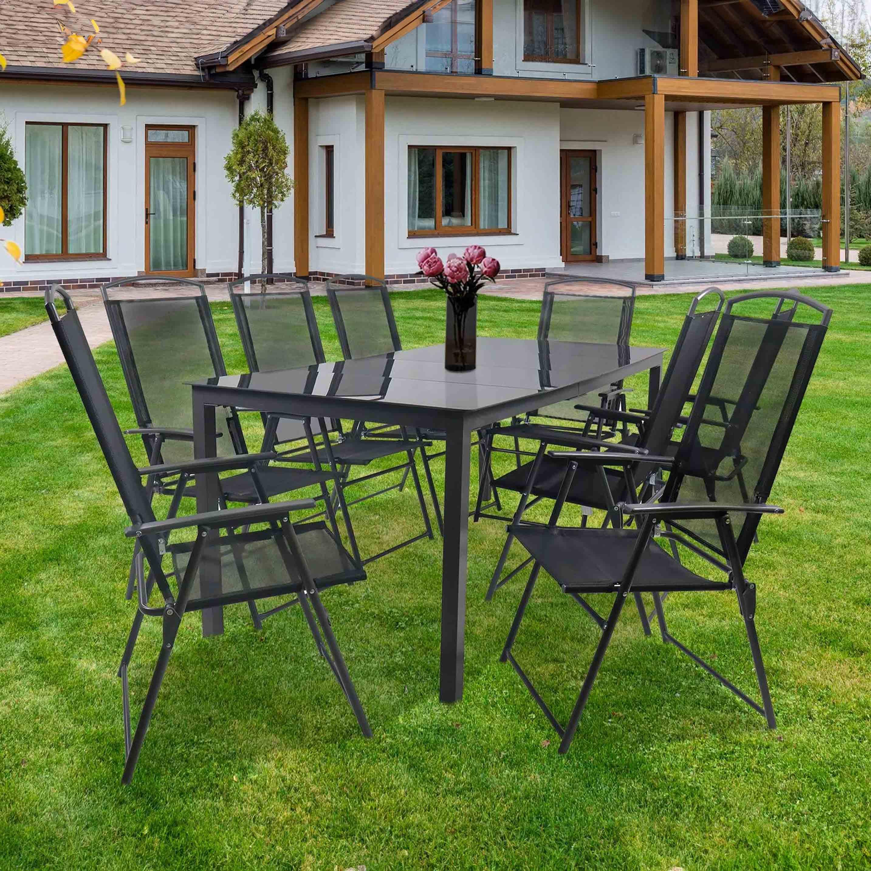 Gartentischgruppe Schwarz 9-teilig - Anthrazit/Schwarz, Basics, Glas/Textil - Gardenson