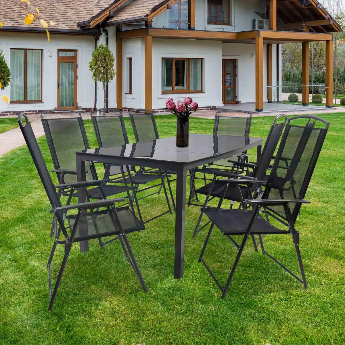 Gartentischgruppe Schwarz 9-teilig - Anthrazit/Schwarz, Basics, Glas/Textil - Gardenson