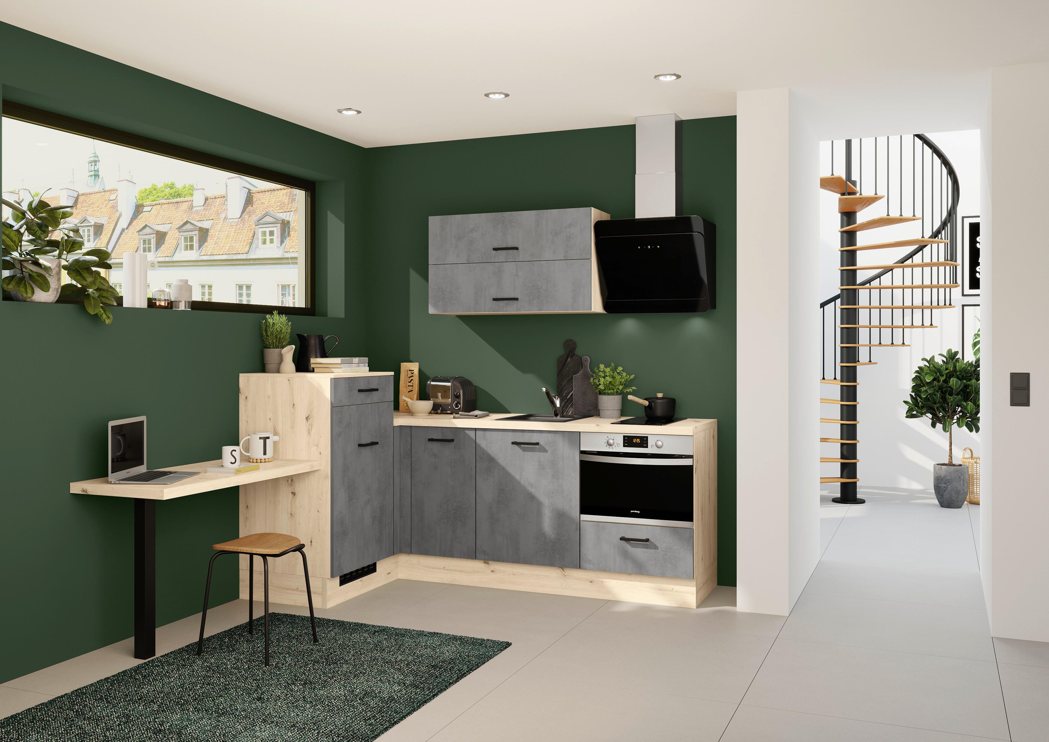 Eckküche IKZ mit Geräten ca. 241x225 cm Grau - Eichefarben/Schwarz, Design, Holzwerkstoff/Metall (241/225cm) - Impuls