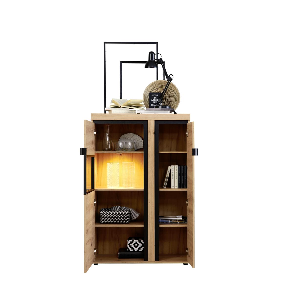 Vitrina Nyon, Barva Hrasta, Črna, Led - črna/barve hrasta, Moderno, kovina/umetna masa (89/138,1/40,5cm) - Mömax