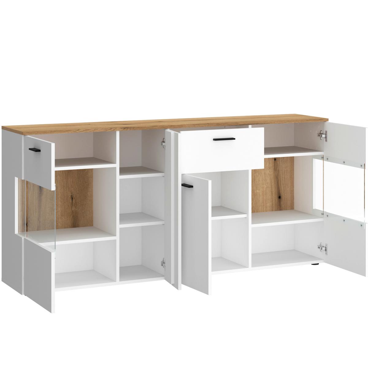 Comodă cu uși DALANO - alb/culoare lemn stejar, Trend, sticlă/material pe bază de lemn (173,5/83,4/42cm) - Modern Living