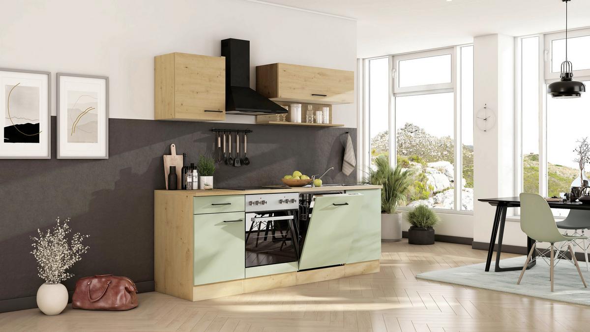 Küchenblock Cara m. Geräten Schilfgrün - Schilfgrün/Schwarz, Trend, Holzwerkstoff/Metall (220cm) - FlexWell