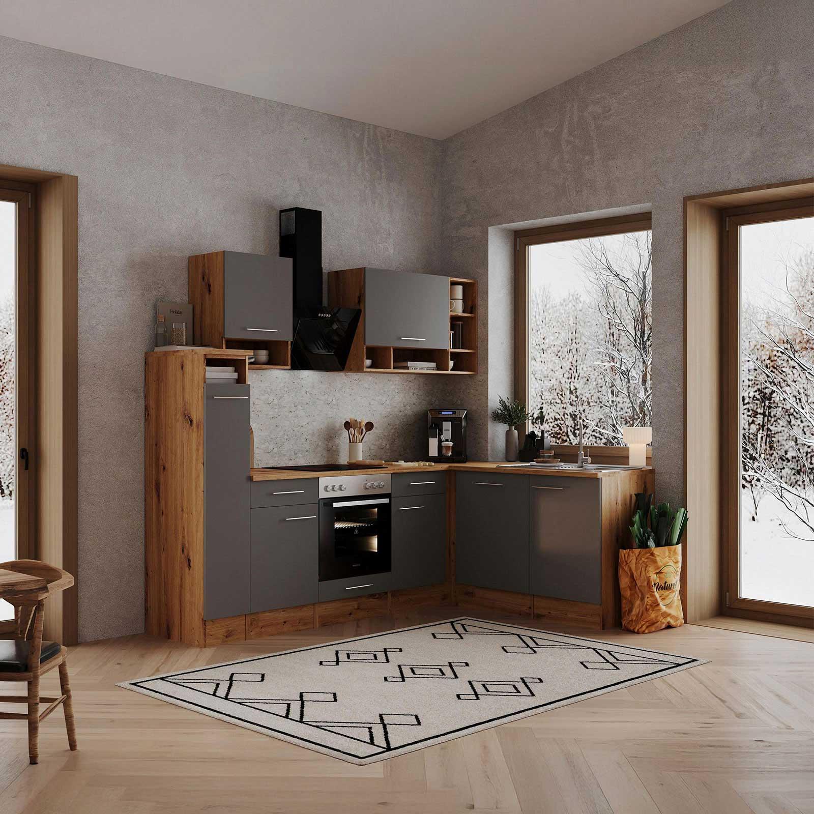 Eckküche m. Geräten ca. 250x172 cm Grau/Wildeiche - Eichefarben/Grau, Basics, Holzwerkstoff/Metall (250/172cm) - Respekta