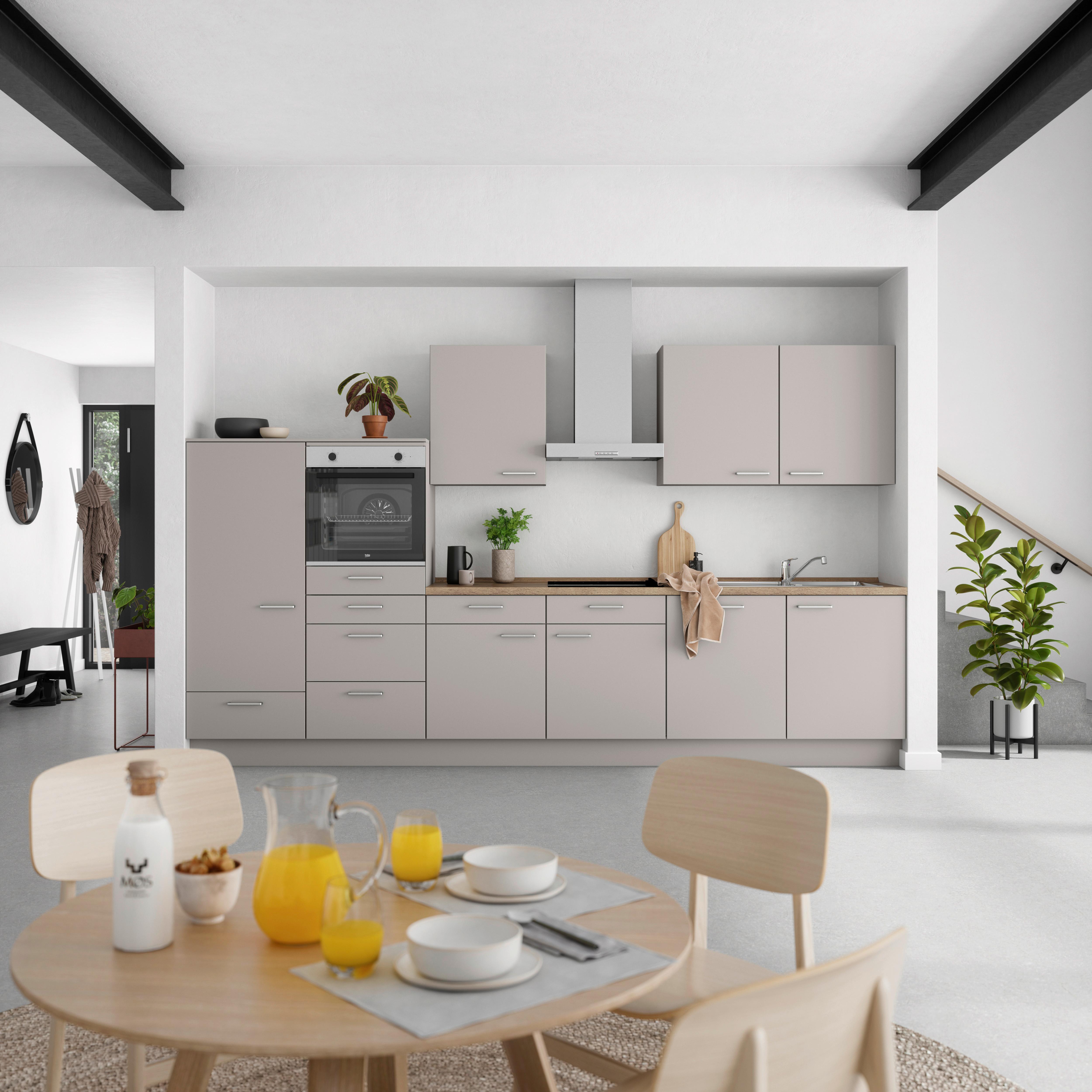 Küchenblock Touch Low m. Geräten Grau - Eiche dunkel/Edelstahlfarben, MODERN, Holzwerkstoff/Metall (360cm) - Nobilia