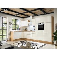 Eckküche Marleen mit Geräten Weiß Hochgl/Eiche ca.370x170cm - Weiß Hochglanz/Alufarben, LIFESTYLE, Holzwerkstoff/Kunststoff (170/370cm) - Respekta