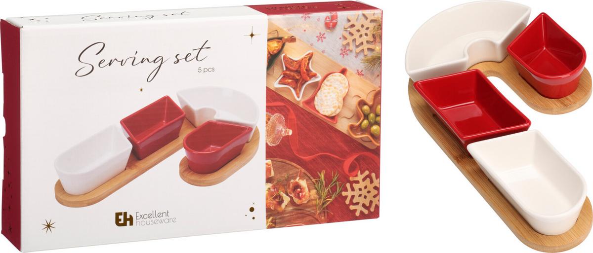 Set de boluri pentru servire Candy - alb/roșu, Basics, ceramică/lemn (17/29/4,5cm)