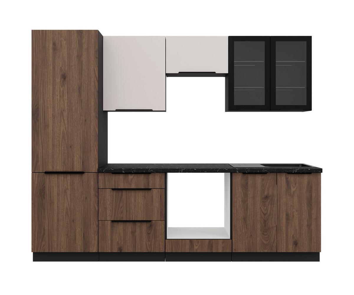 Bucatarie fara electrocasnice MONZA/ARONA - cașmir/culoare lemn de nuc, Modern, sticlă/material pe bază de lemn (260/210/60cm) - Modern Living