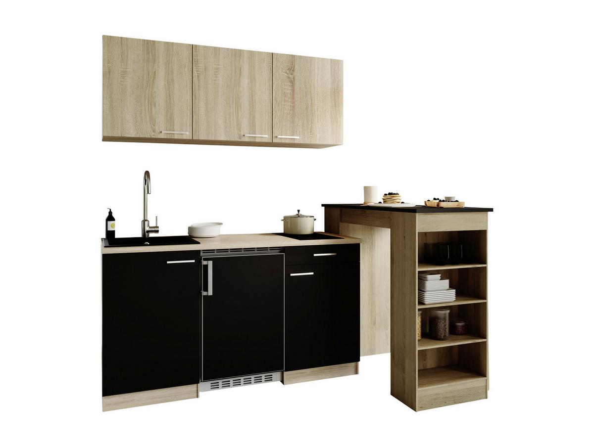 Miniküche Ingrid m. Geräten ca. 150cm Schwarz - Eichefarben/Schwarz, Design, Holzwerkstoff/Kunststoff (150cm) - Respekta