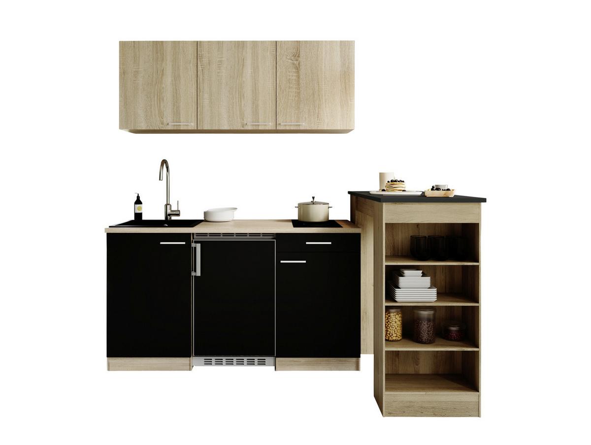 Miniküche Ingrid m. Geräten ca. 150cm Schwarz - Eichefarben/Schwarz, Design, Holzwerkstoff/Kunststoff (150cm) - Respekta