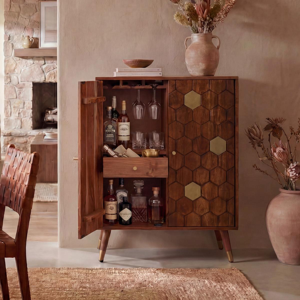 Barschrank Wl7.442 - Goldfarben/Akaziefarben, Design, Holz/Metall (75/46/96cm) - Livetastic