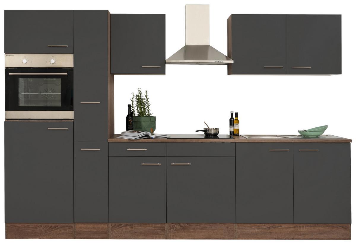 Küchenzeile Economy o. Geräte Grau/Eiche B: ca. 300 cm - Eichefarben/Silberfarben, Basics, Holzwerkstoff/Metall (300/205/60cm) - Respekta